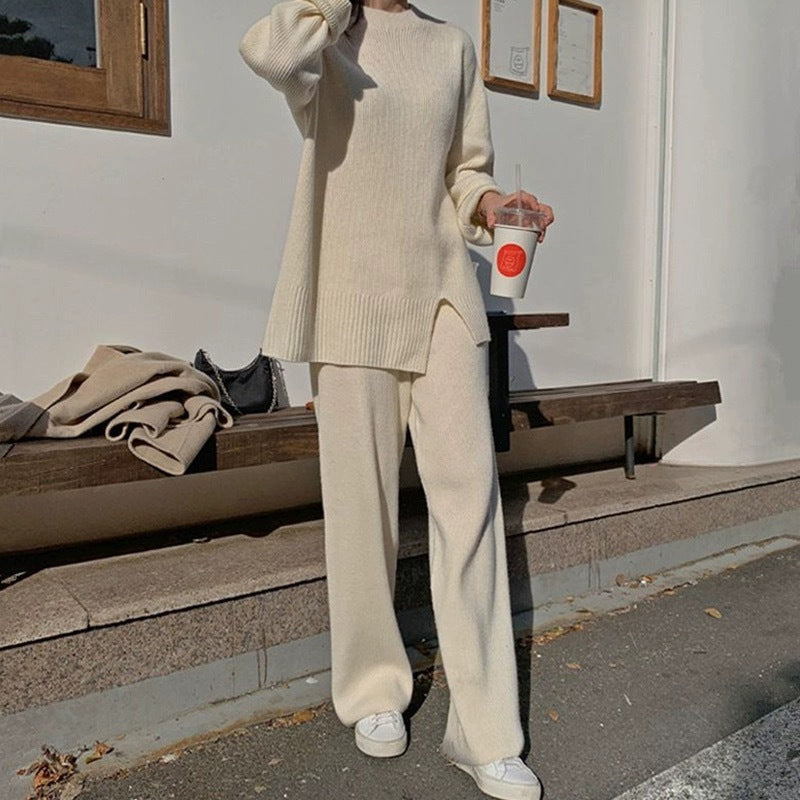Éloïse – Ensemble élégant avec pull fendu et pantalon large pour femme