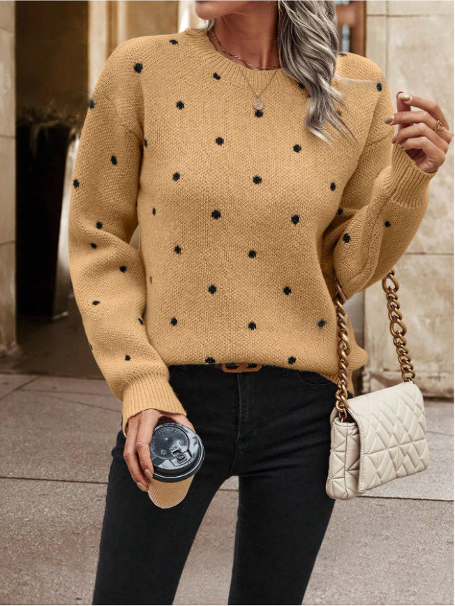 Éléonore – Pull-over à Manches Longues avec Col Rond et Motif Pois Jacquard