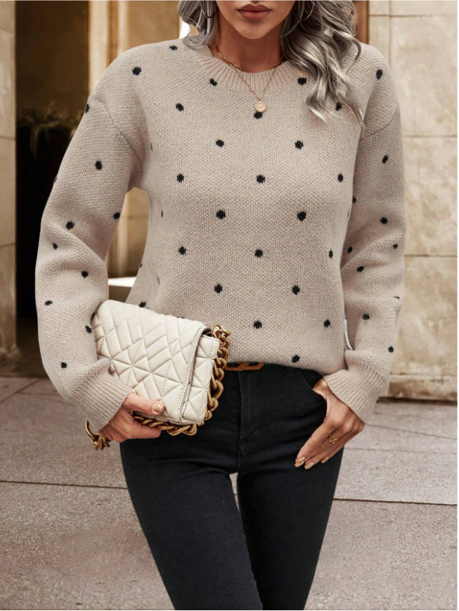Éléonore – Pull-over à Manches Longues avec Col Rond et Motif Pois Jacquard