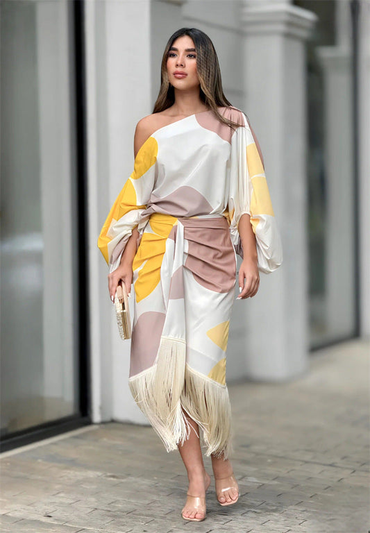 Ensemble Jupe Deux Pièces pour Femme avec Motif Géométrique et Franges – Élégant et Stylé