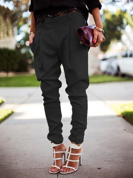 Pantalon Harem Taille Haute à Poches de Couleur Unie – Confort et Élégance avec Élise Laurent