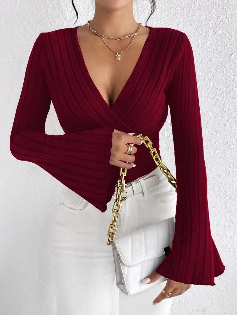 Élodi – T-shirt femme à manches longues, col en V,  slim-fit, pour l'automne et l'hiver.