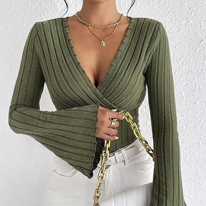 Élodi – T-shirt femme à manches longues, col en V,  slim-fit, pour l'automne et l'hiver.
