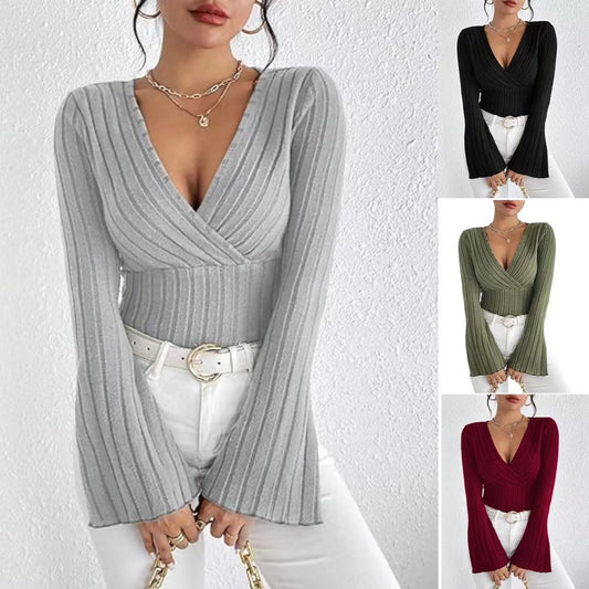 Élodi – T-shirt femme à manches longues, col en V,  slim-fit, pour l'automne et l'hiver.