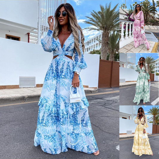 Camille - Robe Longue V-neck à Manches Longues, Élégance Naturelle pour le Printemps et l'Été