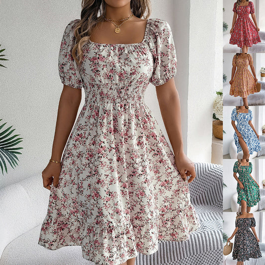Robe d'été à fleurs – Col carré chic et volants féminins