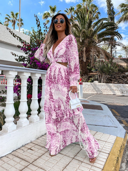 Camille - Robe Longue V-neck à Manches Longues, Élégance Naturelle pour le Printemps et l'Été