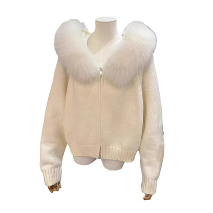 Margaux – Cardigan haut de gamme pour femme, à capuche, tricoté avec col en fourrure.