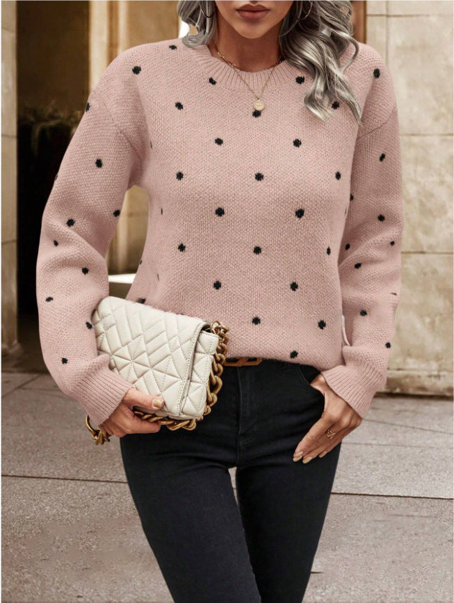 Éléonore – Pull-over à Manches Longues avec Col Rond et Motif Pois Jacquard