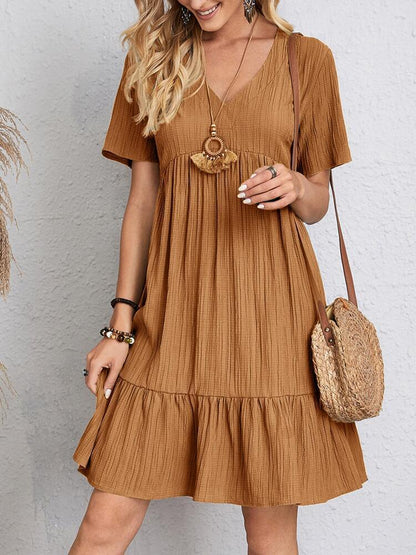 Élise – Robe d'été col V à manches courtes, mode estivale décontractée, coupe ample et volantée