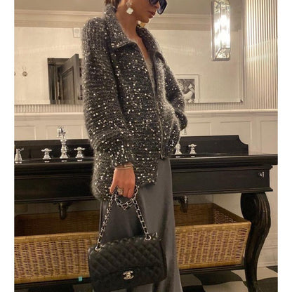 Apolline – Manteau en maille scintillant avec sequins, alliant chic et glamour pour un style raffiné
